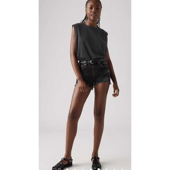Levi's 501 High Rise Button Fly Distressed Hem Shorts Size 26 Stowaway Black - Picture 2 of 9